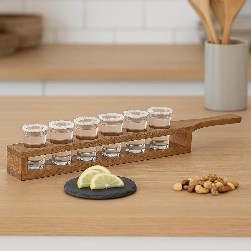 Set de 6 Vasos de Chupito con Soporte de Madera Secret de Gourmet